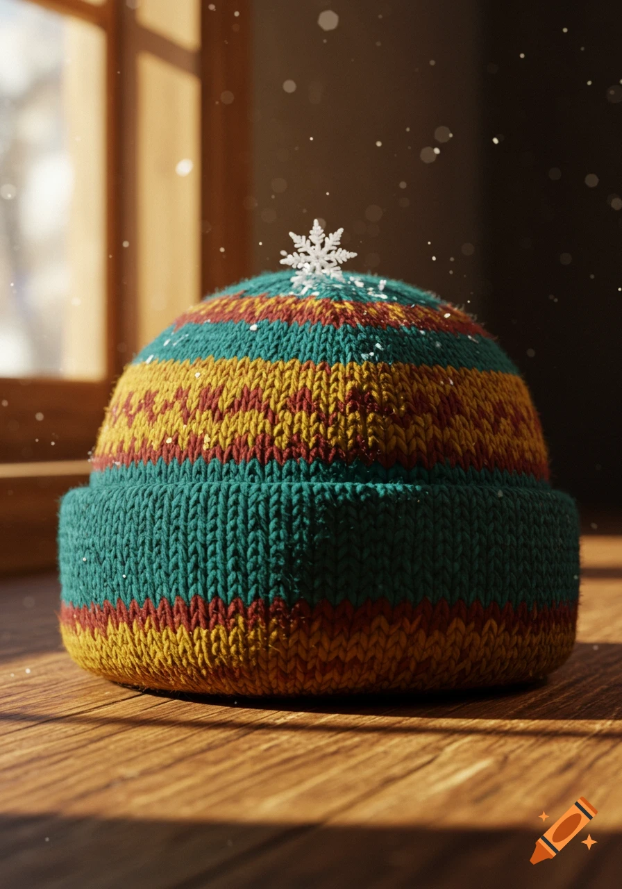 A colorful knitted beanie with a snowflake on top sits on a wooden surface as snow falls, lit by window light.