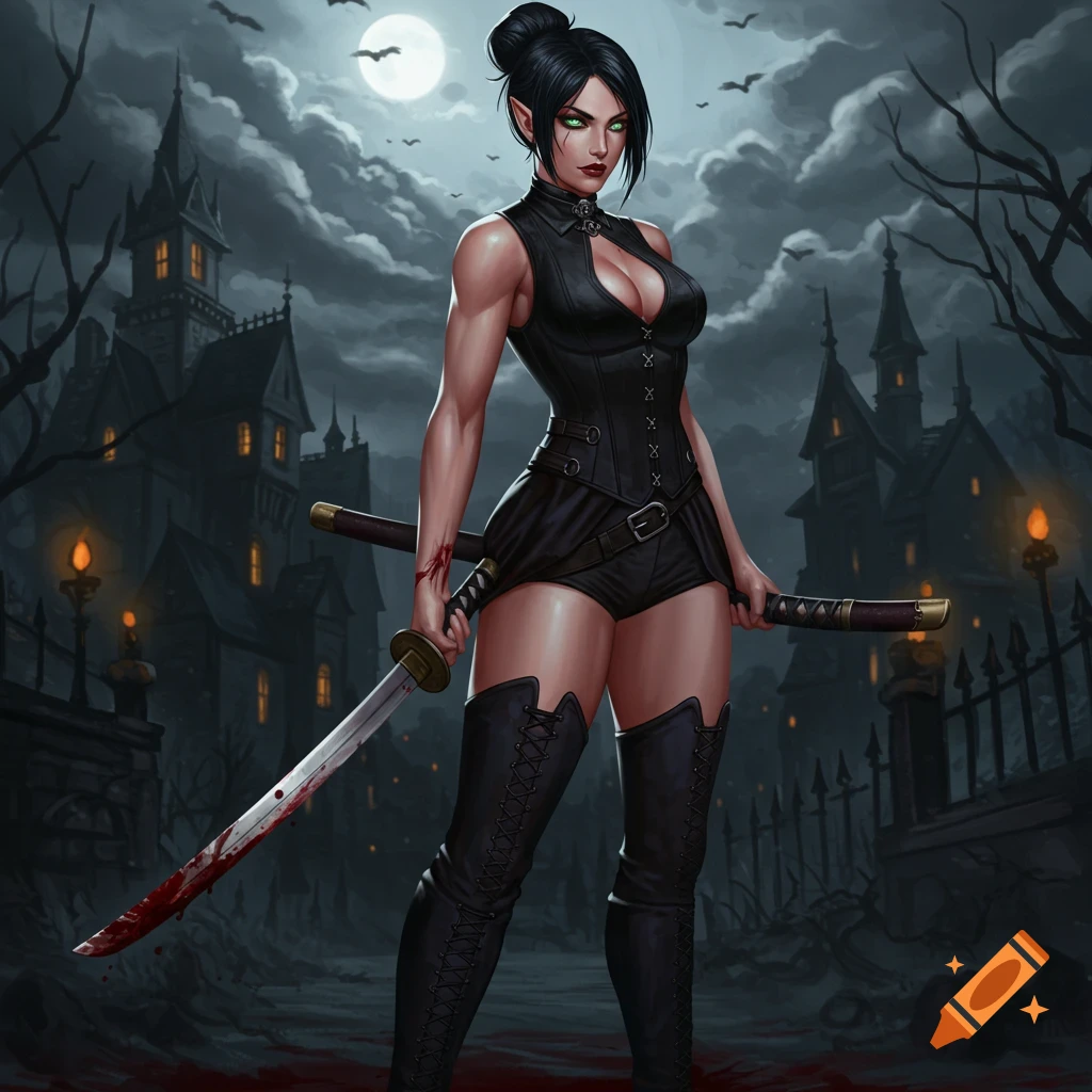 Dark fantasy illustration of an elf warrior with a bloody katana in front of a gothic mansion under a full moon.