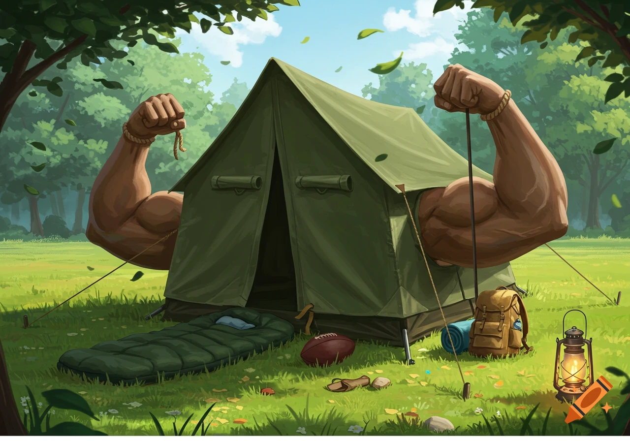 A humorous illustration of a muscular camping tent holding its ropes in a forest, surrounded by camping gear.