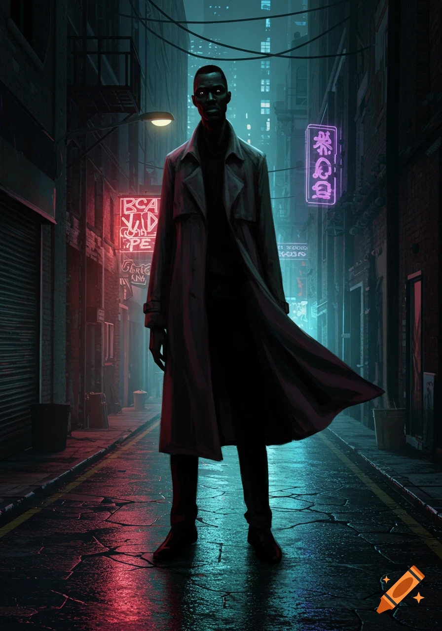 A tall, dark-skinned man with glowing eyes in a trench coat stands in a dark, wet, neon-lit cyberpunk alley.