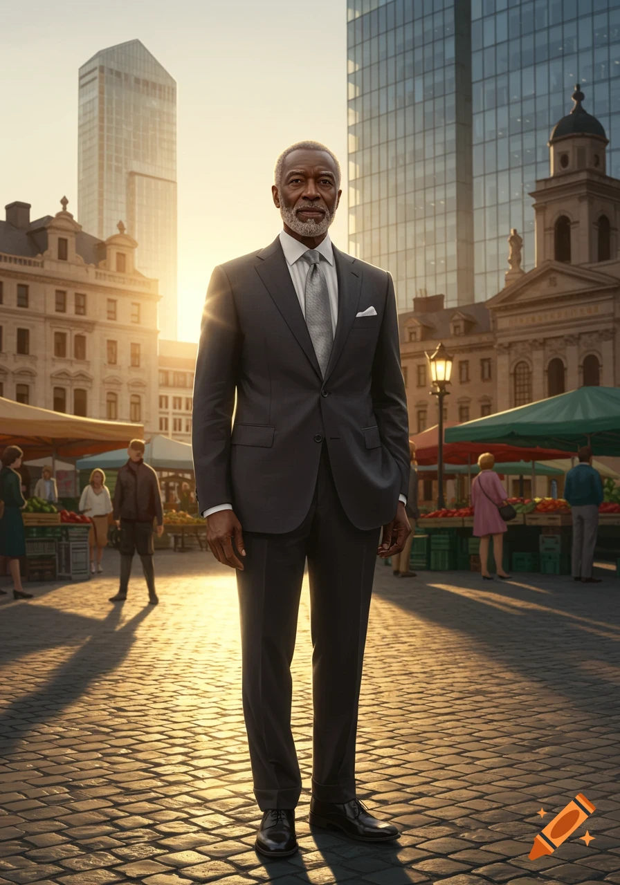Photorealistic image of an older Black man in a dark suit standing in a sunny urban square with modern buildings and market stalls.