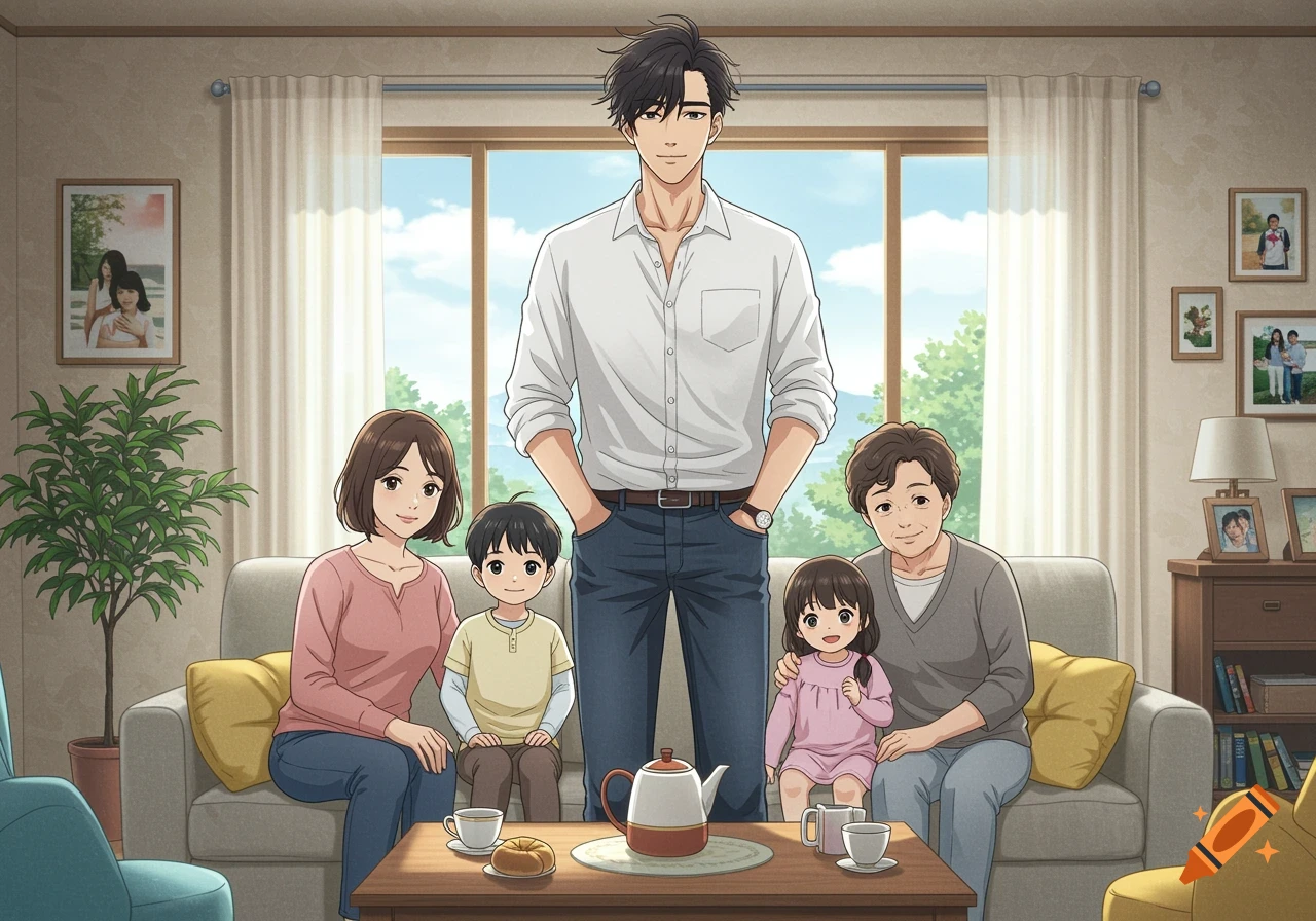 An anime illustration of a family posing in their living room. A man stands behind a couch with a woman, two children, and an older woman seated.