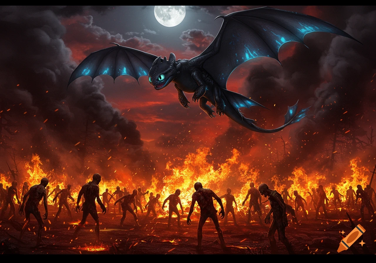 Toothless the Night Fury dragon flies over a fiery scene of burning zombies under a full moon.