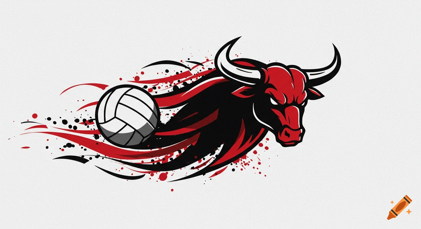 Stylized graphic of a red and black bull's head next to a volleyball, with dynamic paint splatters on a white background.
