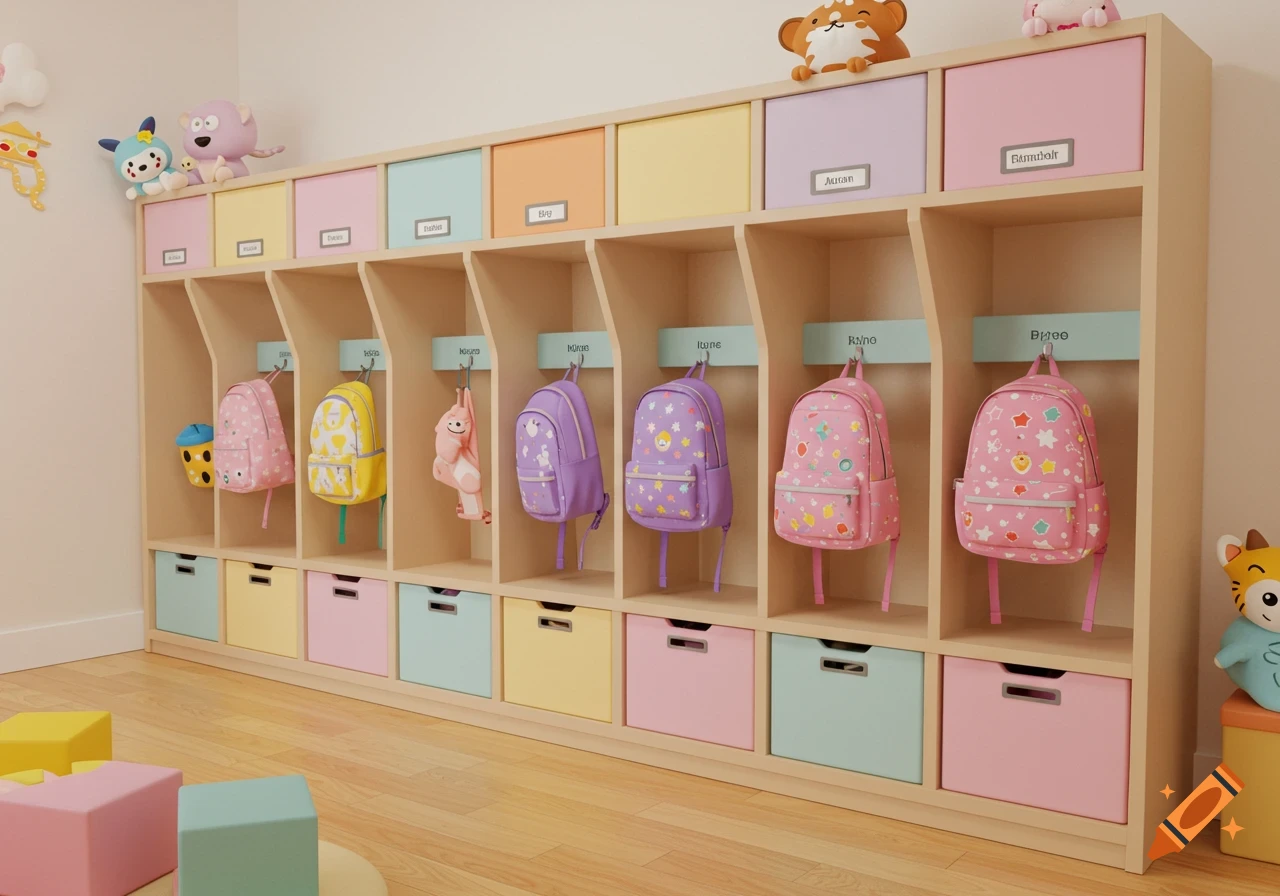 A colorful children's cubby unit with various backpacks, storage bins, and toys in a bright room.