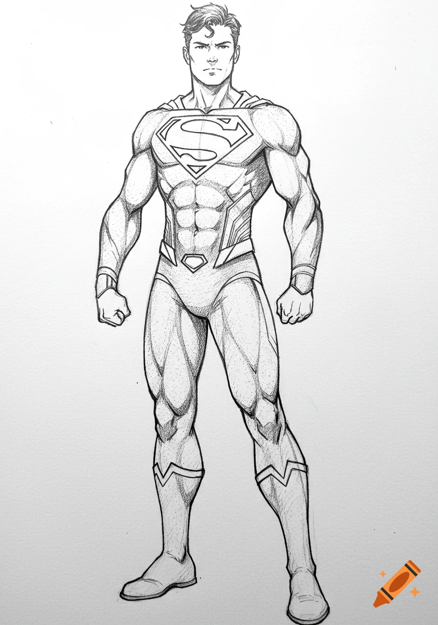 Pencil sketch of a muscular male superhero in a detailed costume with an 'S' shield, standing facing the camera.