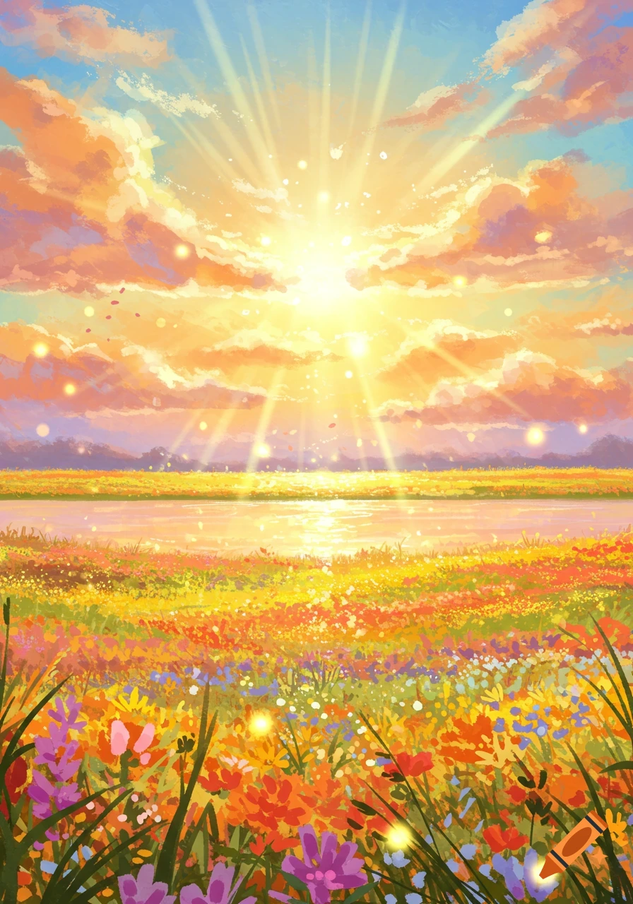 Vibrant illustration of a sunrise over a colorful wildflower field beside a glistening river, with sunbeams shining through clouds.