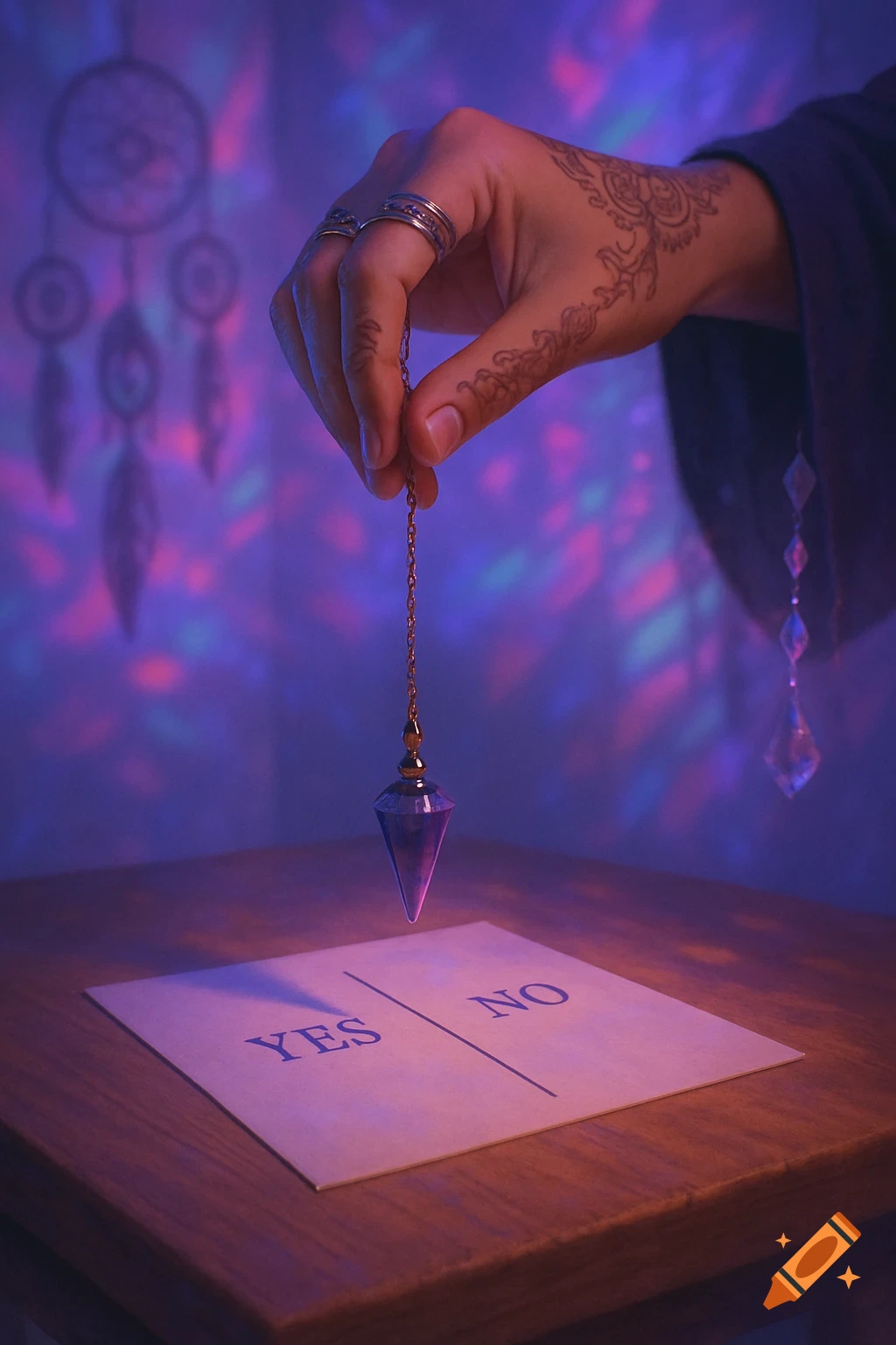A hand with henna and rings holds a pendulum over a paper with 'YES' and 'NO' on a table, under purple and blue lights, with a dreamcatcher in the background.