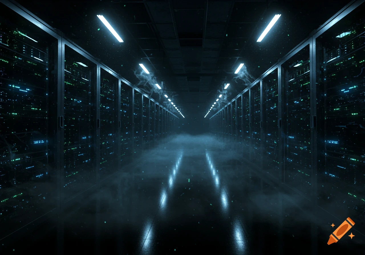 A long, dark data center corridor lined with server racks glowing with blue and green lights, mist on the floor.