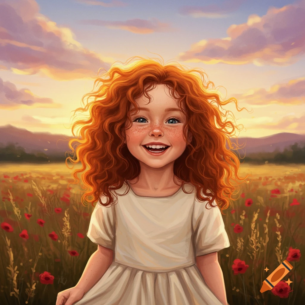 Smiling girl with red curly hair and freckles in a field of red poppies at sunset, digital painting.