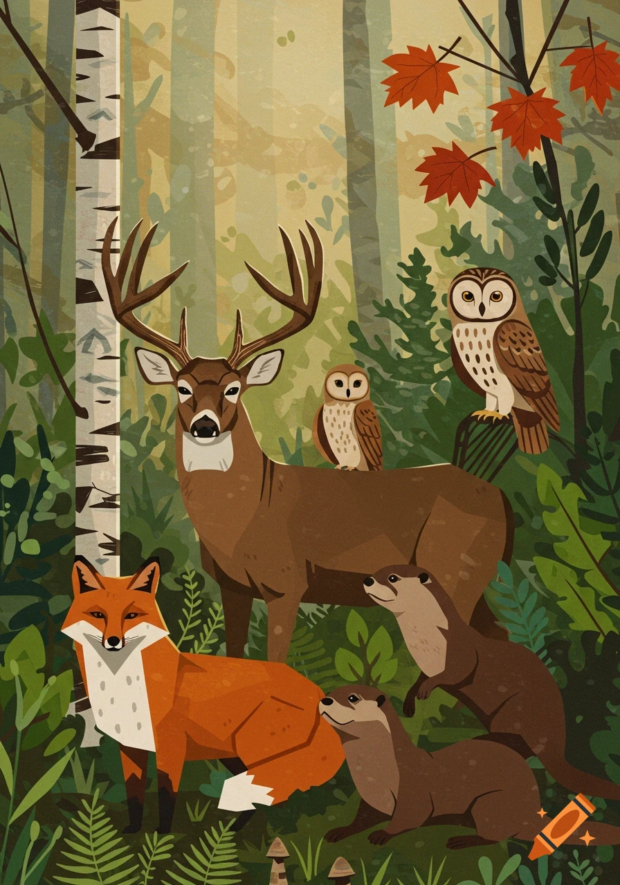 Stylized illustration of a deer, fox, two owls, and two otters gathered in a lush forest with birch trees.