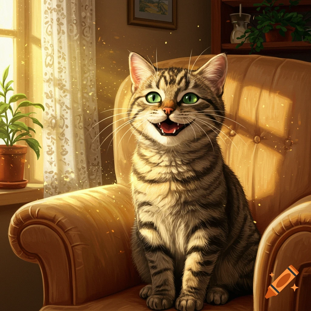 A happy tabby cat with bright green eyes sits on a brown armchair bathed in sunlight.
