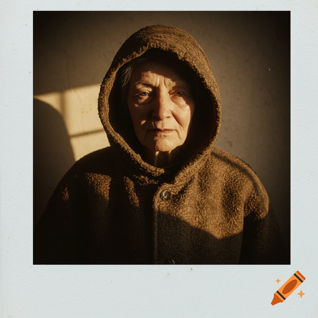 Polaroid photograph of an elderly person wearing a brown hooded coat, with dramatic lighting casting shadows on their face.