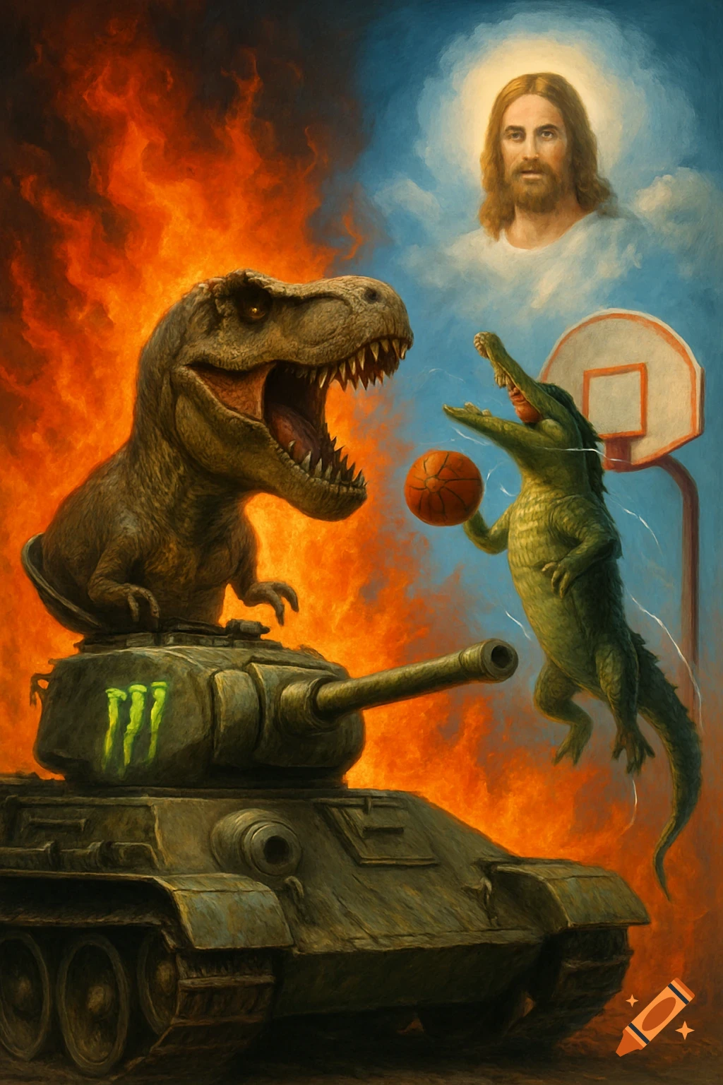 A surreal painting featuring a roaring T-Rex on a tank, a jumping alligator with a basketball, and Jesus looking down from the clouds, with fire in the background.