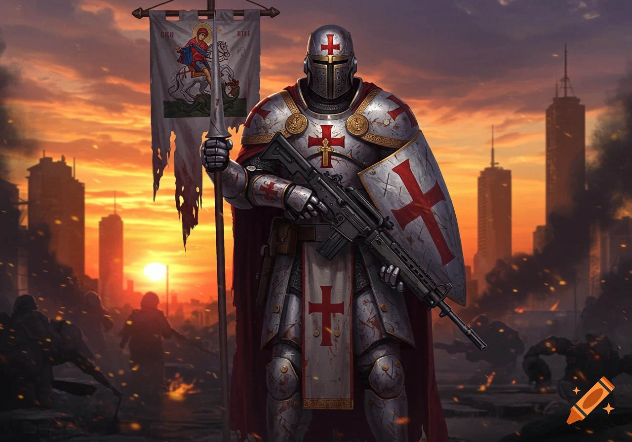 A futuristic crusader knight in damaged white armor, holding a lance with a St. George banner and a battle rifle, stands in an urban battlefield at sunset.