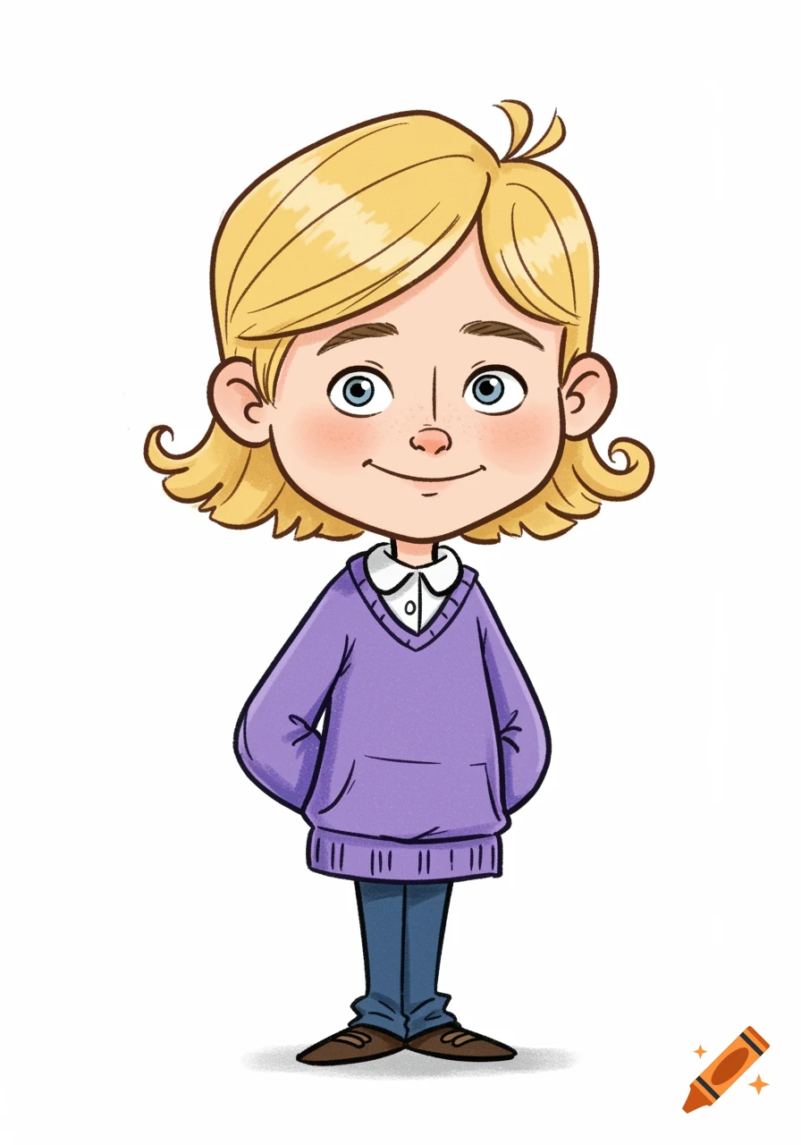 A smiling blonde cartoon child in a purple sweater and blue pants stands with hands behind their back on a white background.