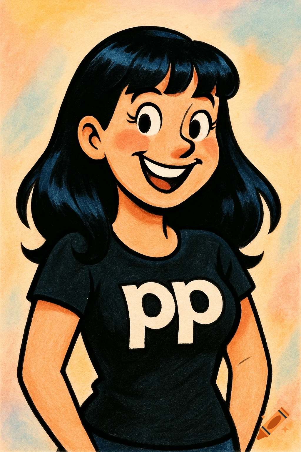 A smiling cartoon woman with black hair and bangs wearing a black t-shirt with 'pp' in white letters.
