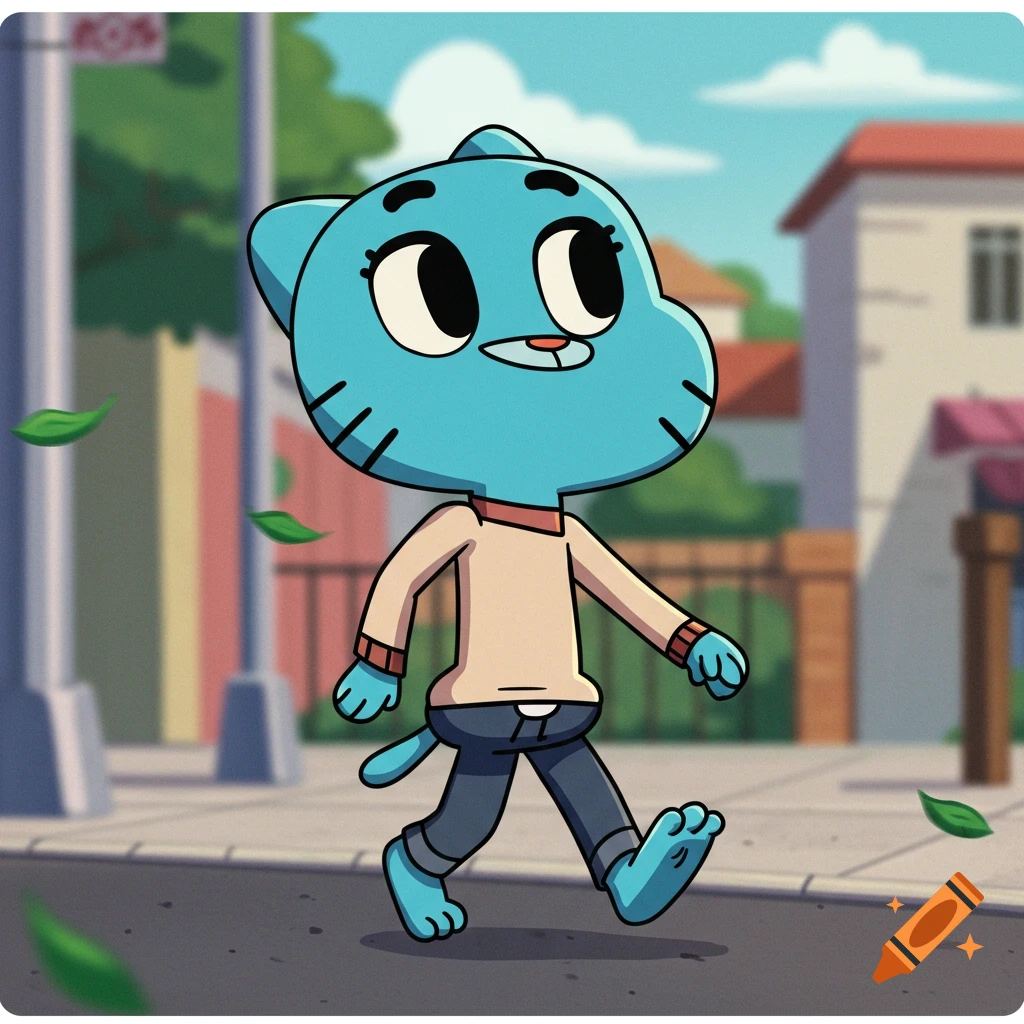 A cartoon blue cat-like character, Gumball, wearing a beige shirt and dark blue jeans, walks barefoot on a sidewalk with leaves in the air.