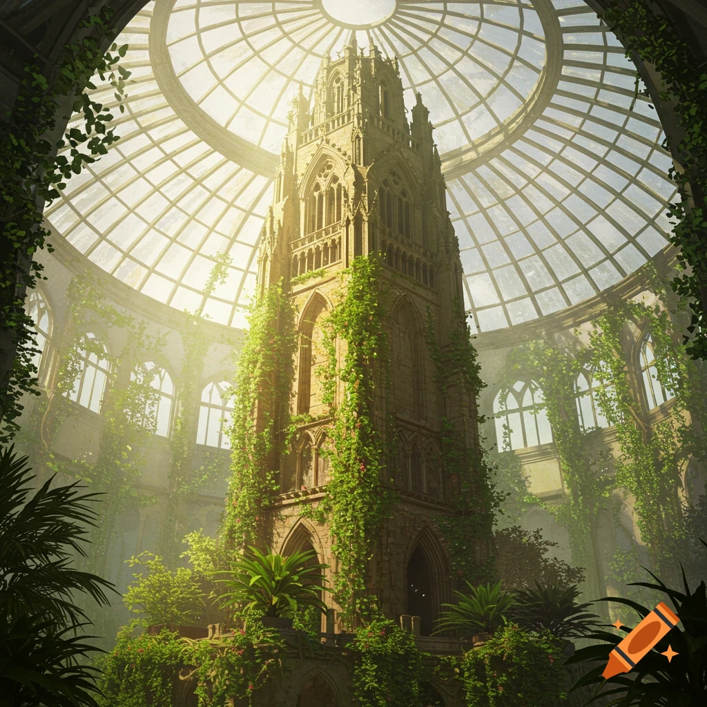 A tall, ivy-covered gothic tower stands within a sunlit glass dome, surrounded by lush green plants and vines.
