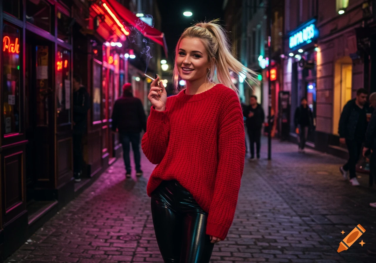 A smiling young blonde woman in a red sweater and shiny black leggings smokes a cigarette on a neon-lit cobblestone street at night.