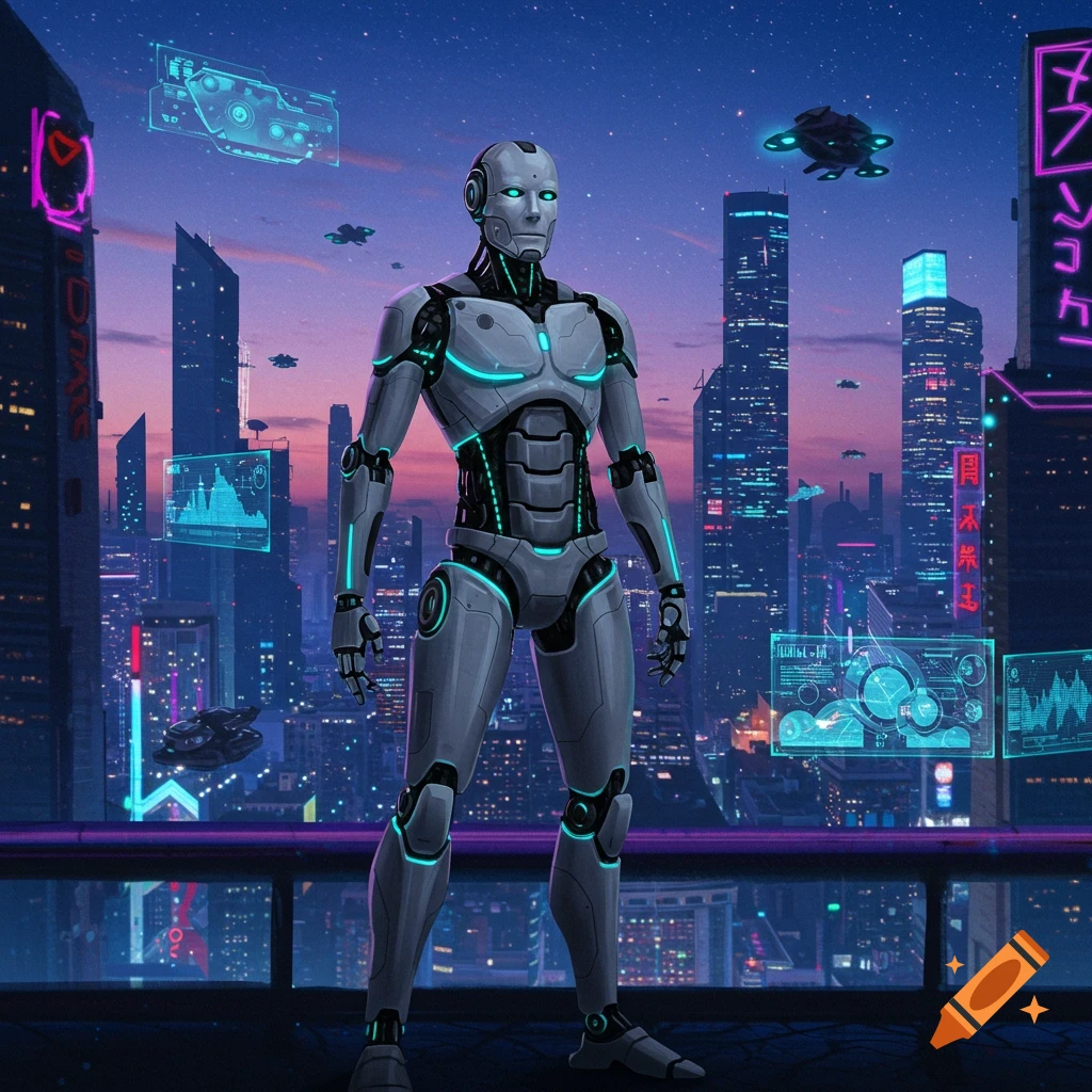 A humanoid robot with glowing blue accents stands in a futuristic cyberpunk city at twilight.