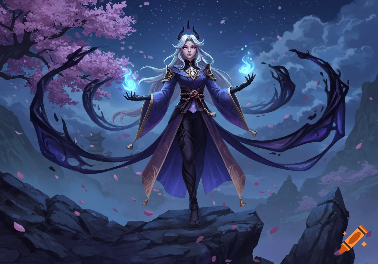 White-haired archon in blue kimono on rocks, conjuring blue fire, shadow ribbons, cherry blossoms under starry sky. Digital art.