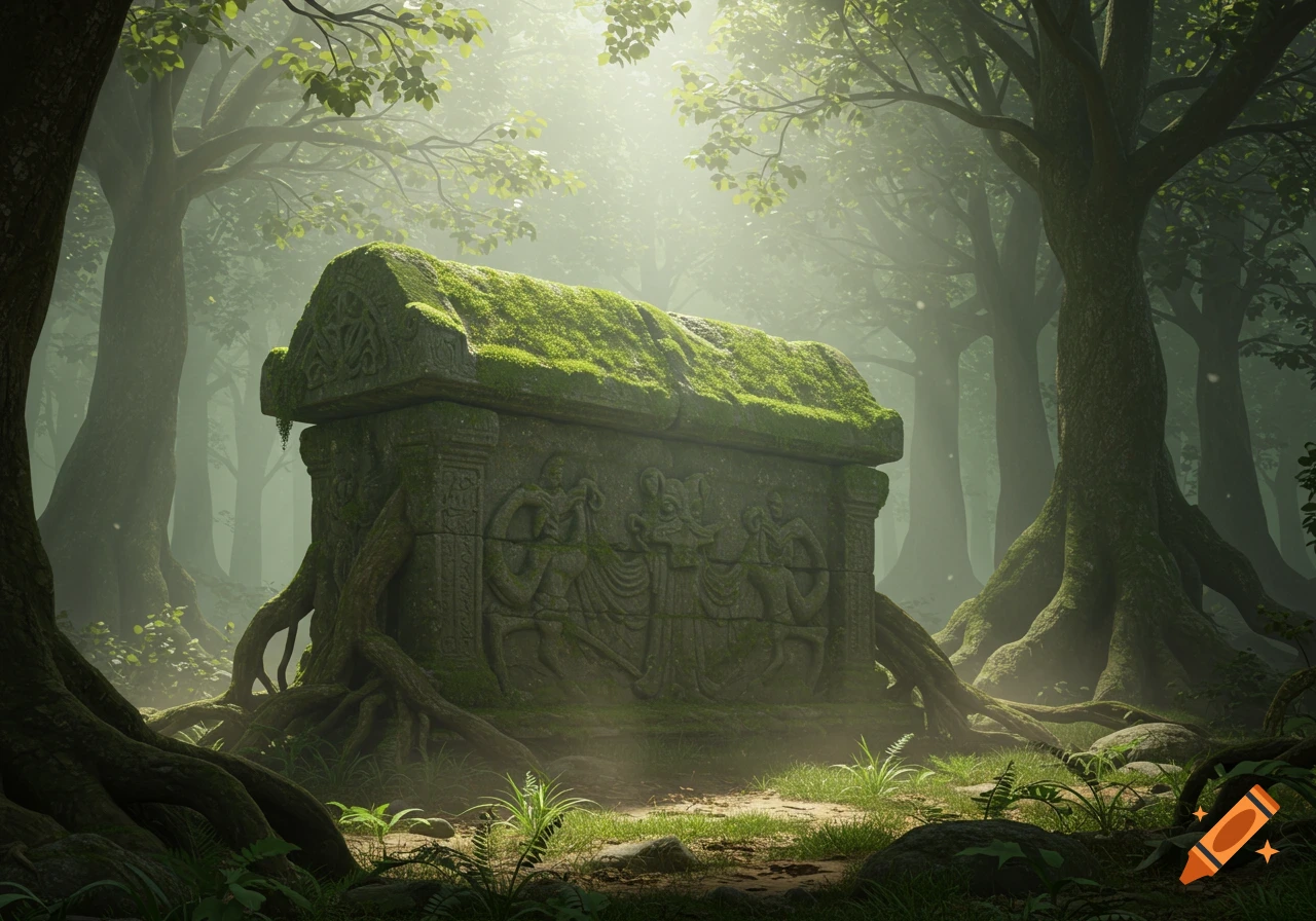A moss-covered ancient stone tomb with carvings in a misty, sunlit forest, surrounded by large trees.