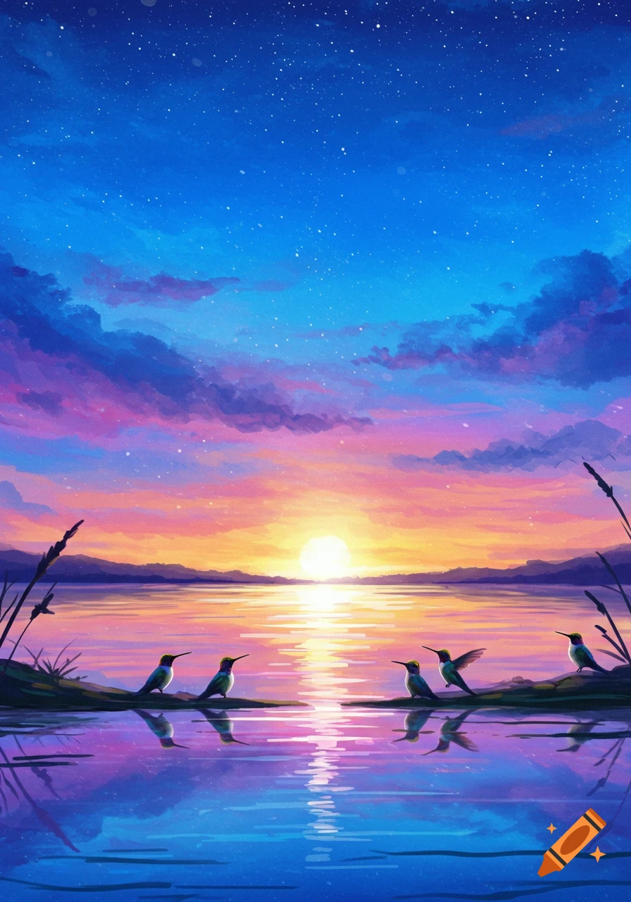 Watercolor painting of a vibrant blue and violet sunset over a tranquil lake with five hummingbirds at the water's edge.