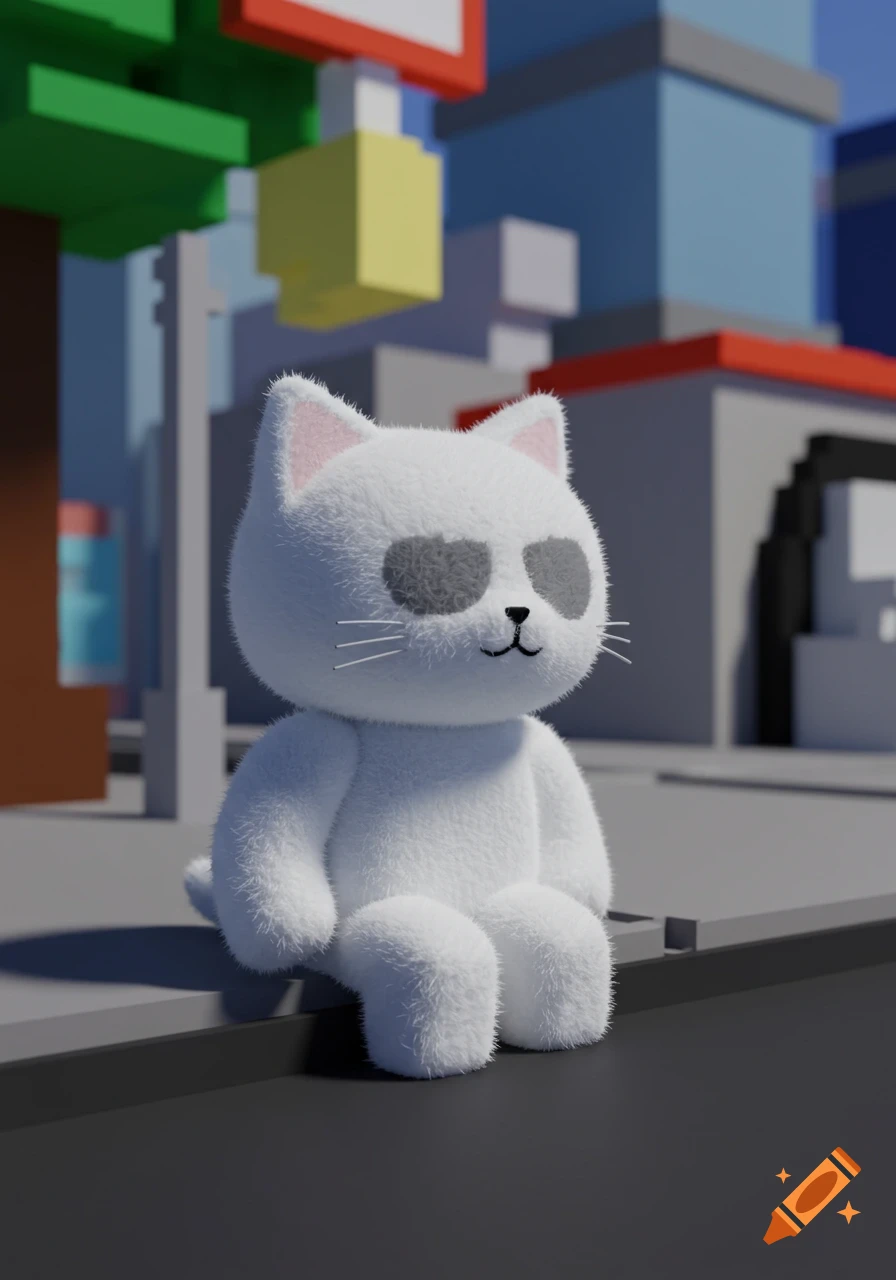 A fluffy white cat character with grey eye patches sits on a dark ledge in a blocky, colorful 3D city scene.