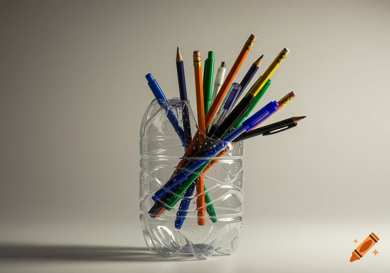 A clear, repurposed plastic bottle filled with colorful pens and pencils, set against a plain background in a photorealistic style.