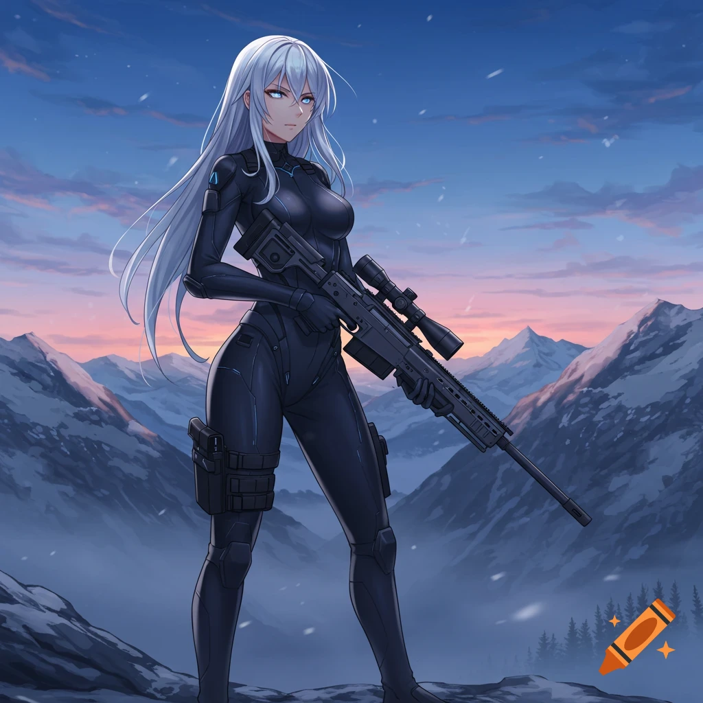 Anime female sniper with long silver hair and icy blue eyes, in a black tactical suit, holding a sniper rifle in a snowy mountain landscape.