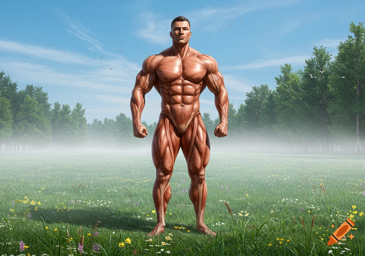 A photorealistic anatomical illustration of a very muscular man, showing detailed muscle definition, standing in a sunny grassy field with trees.