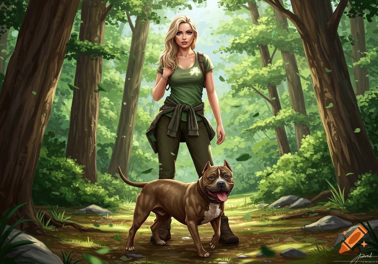 A blonde woman and her pitbull dog stand in a lush green forest, digital painting.