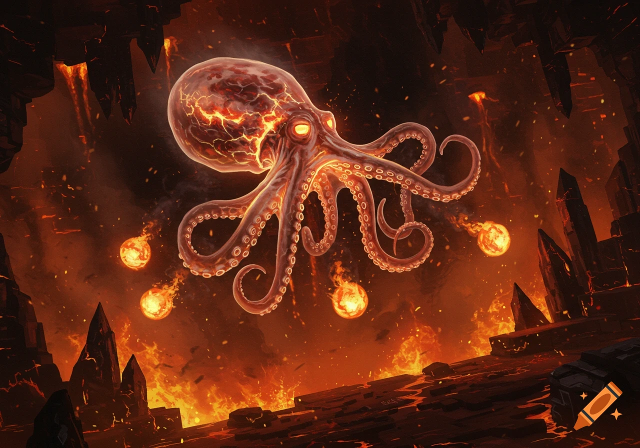 A glowing, fiery octopus-like creature with a cracked body floats above a hellish landscape of lava and jagged rocks, surrounded by fireballs.