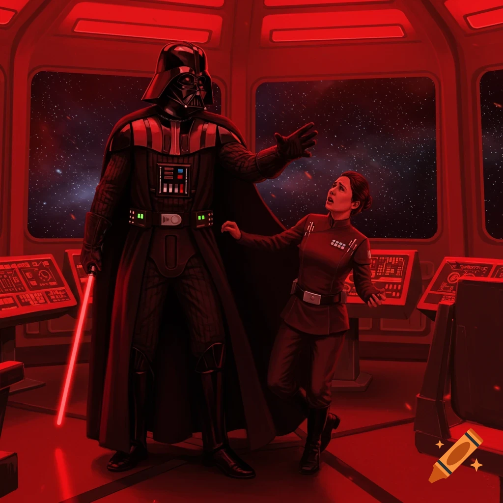Darth Vader Force-chokes a terrified female Imperial officer on a red-lit starship bridge, sci-fi illustration.
