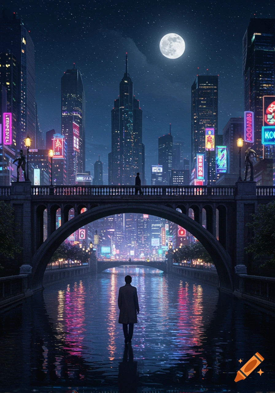 A man stands in a futuristic city at night, neon lights reflecting on the river below a full moon and towering skyscrapers.