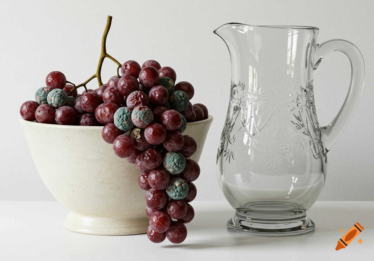 Hyper-realistic still life of a bowl of moldy red grapes next to an ornate etched glass pitcher on a white background.
