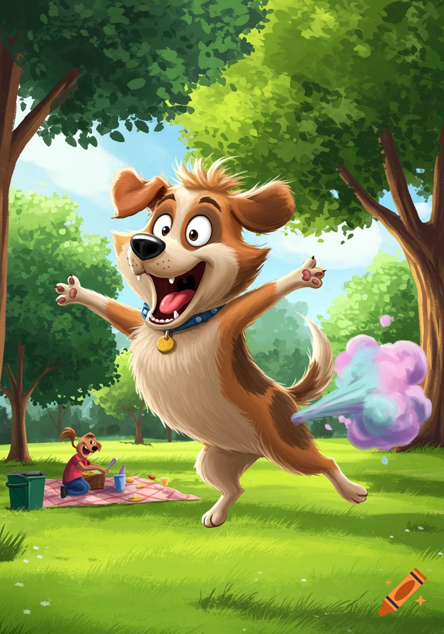 A cheerful cartoon dog with wide eyes and open mouth farts a cloud of colorful gas in a sunny park while a person picnics.