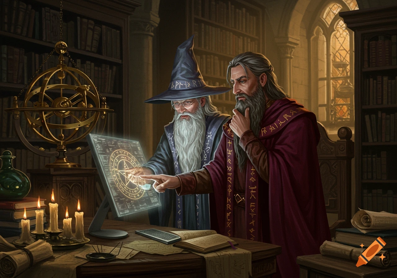Two wizards in a dimly lit library observe a glowing magical computer screen, one pointing while the other strokes his beard.