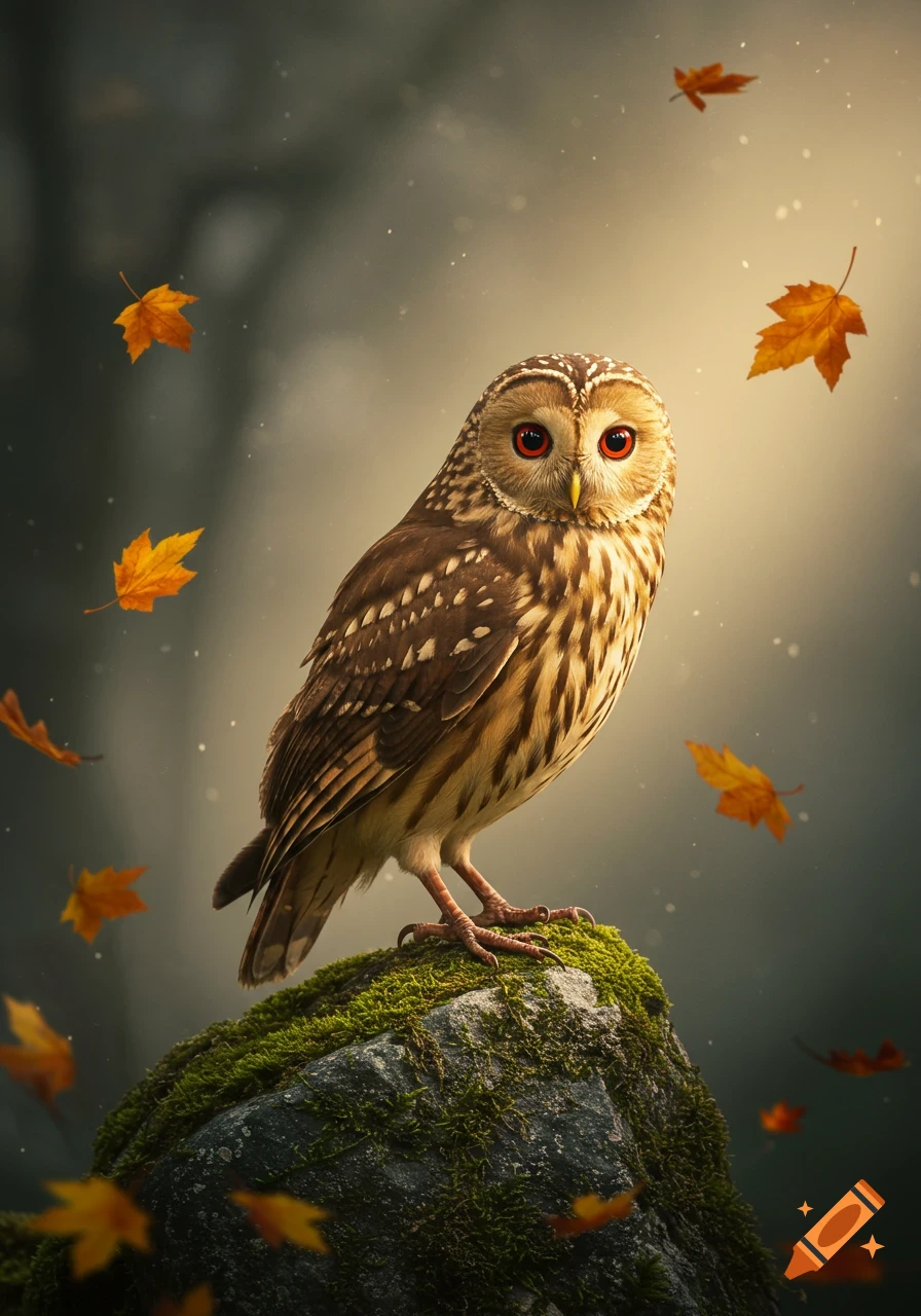 Photorealistic owl with red eyes perched on a mossy rock, with falling autumn leaves in a mystical forest setting.