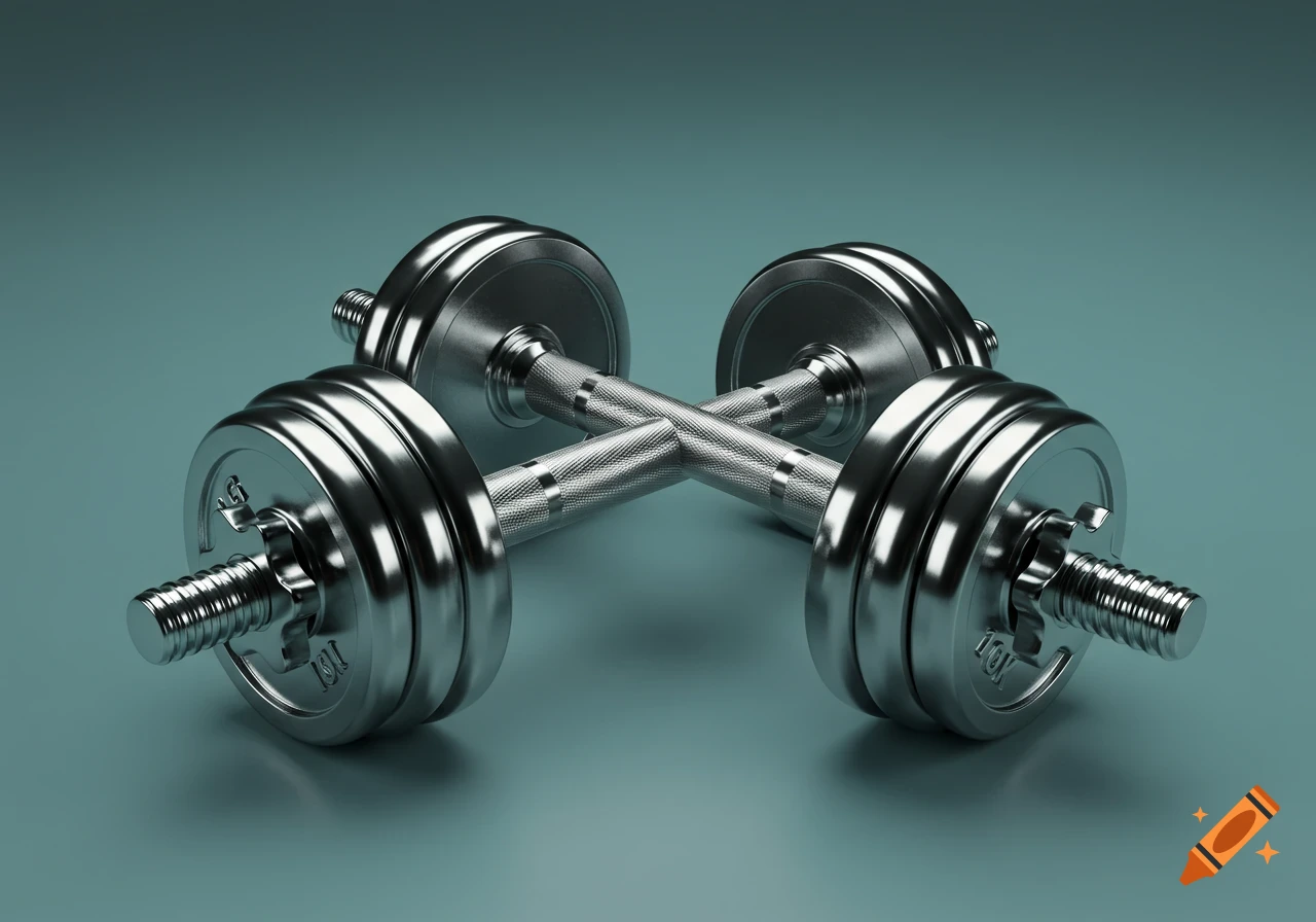 Two shiny chrome dumbbells with 10kg plates are crossed on a teal surface, photorealistic.