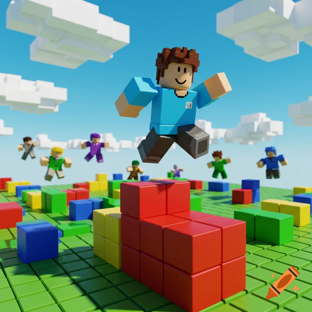Roblox-style blocky characters jump on colorful cubes in a green block field under a blue sky.