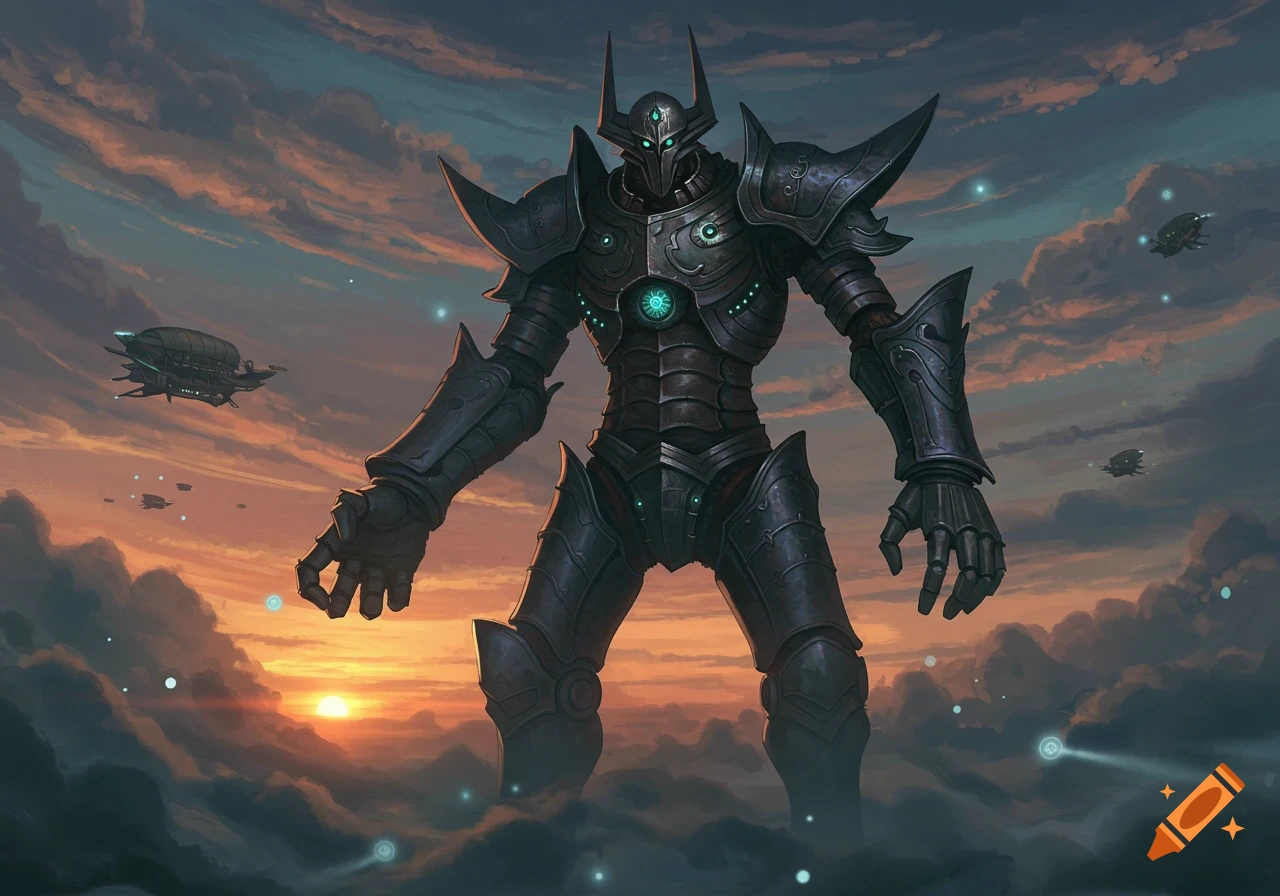 A massive armored robot stands among dramatic clouds at sunset with airships, in a fantasy digital painting.