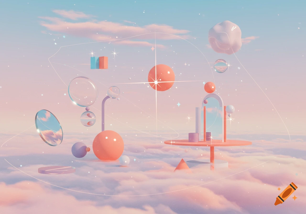 Surreal pastel 3D rendering of floating geometric shapes and reflective objects amidst dreamy clouds and sparkling lights.