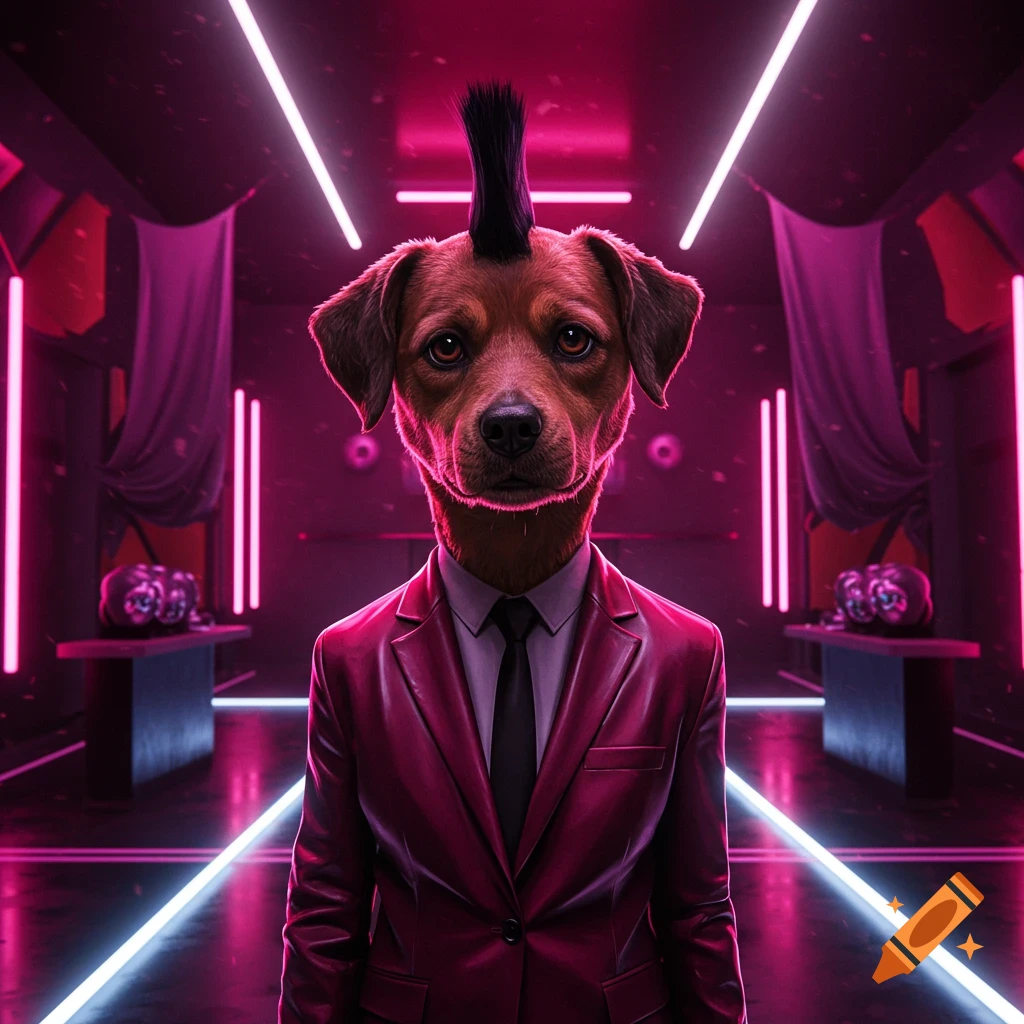 A brown dog with a black mohawk wearing a pink suit and black tie stands in a neon-lit pink and purple corridor.