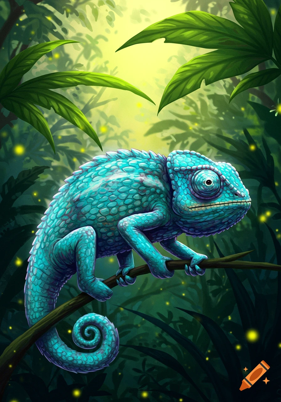 A vibrant cyan and purple chameleon with detailed scales perches on a branch in a lush, stylized jungle illuminated by glowing fireflies.