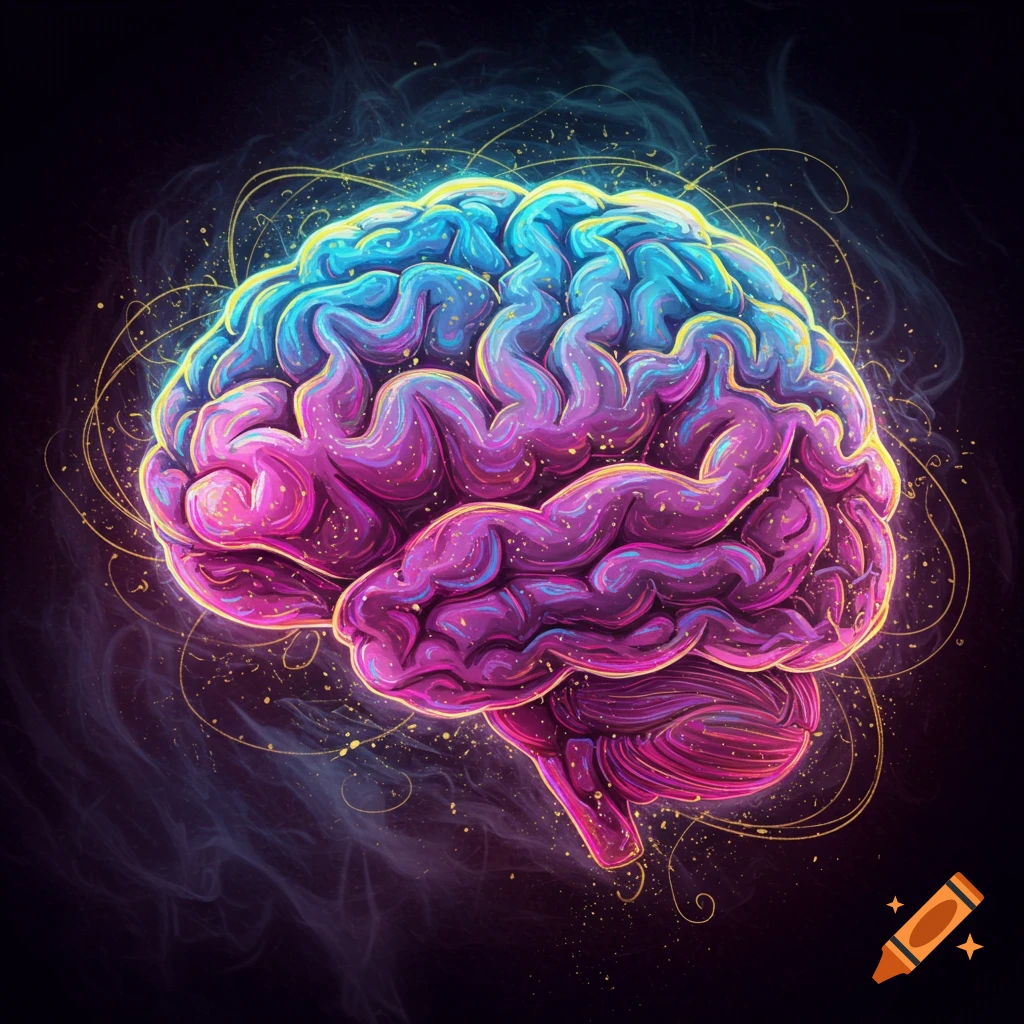 Vibrant, stylized human brain glowing in blue, purple, and pink, with golden swirls on a dark, smoky background. Digital art.
