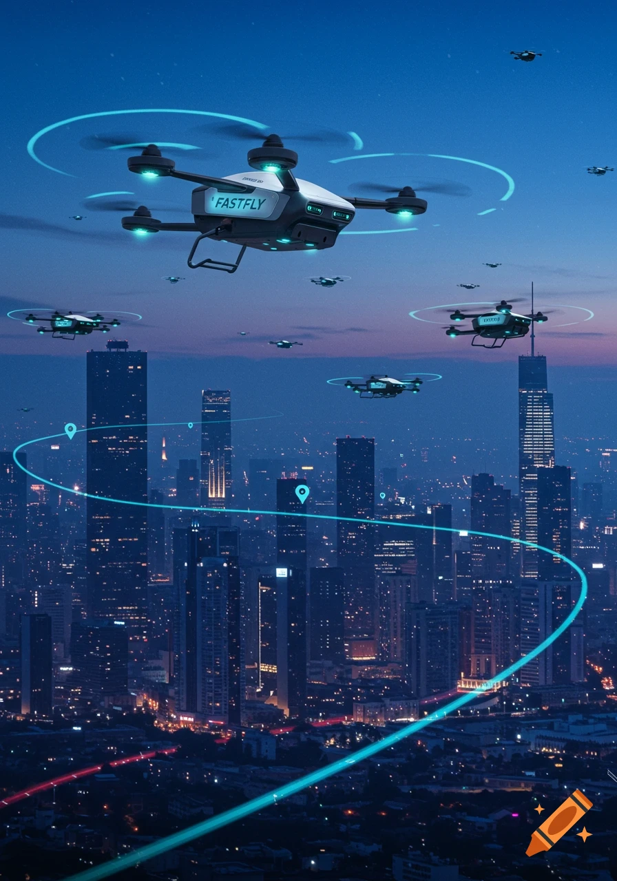 Photorealistic image of multiple delivery drones flying over a modern city at dusk, with glowing flight paths.
