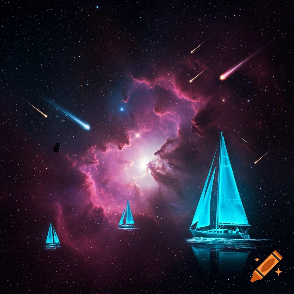 Three glowing blue sailboats float in a vibrant pink and purple cosmic nebula, surrounded by stars and shooting meteors.