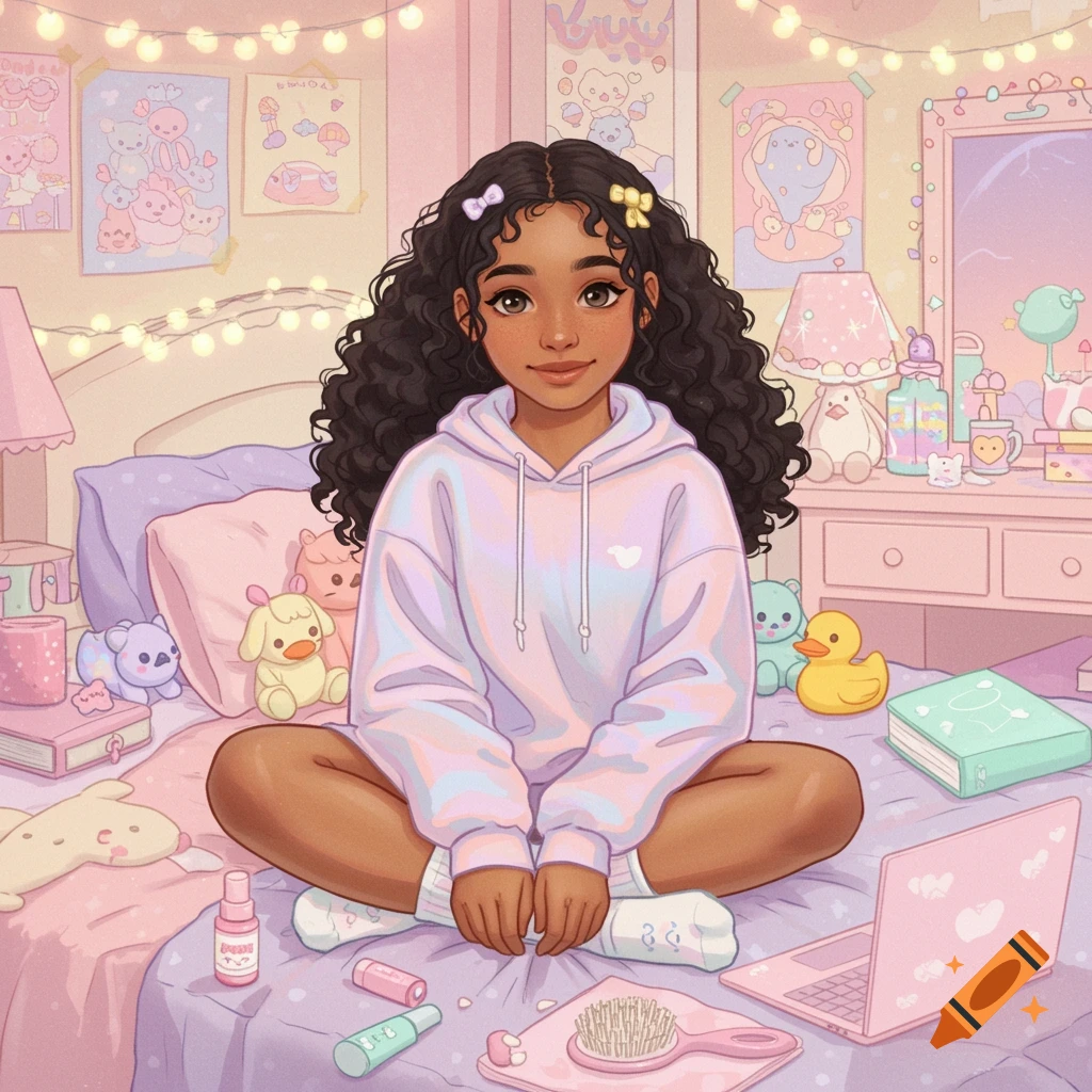 A smiling girl with curly hair sits cross-legged on a pastel-themed bed, surrounded by fairy lights, plushies, and a pink laptop, in a cute, stylized illustration.